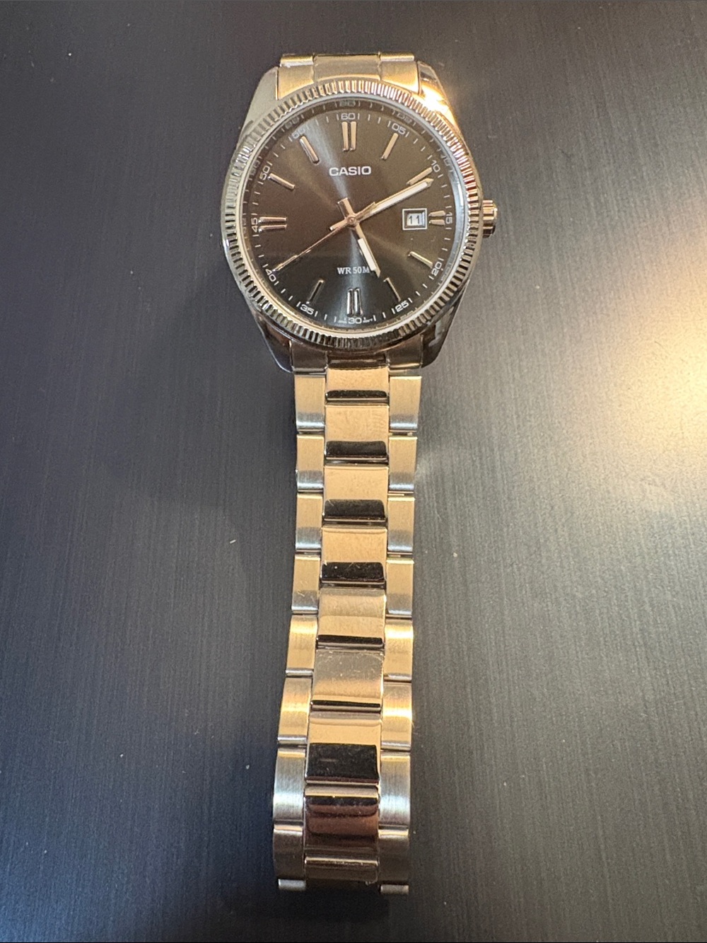 Casio Silver Bracelet Watch with Black Dial - MTP1302